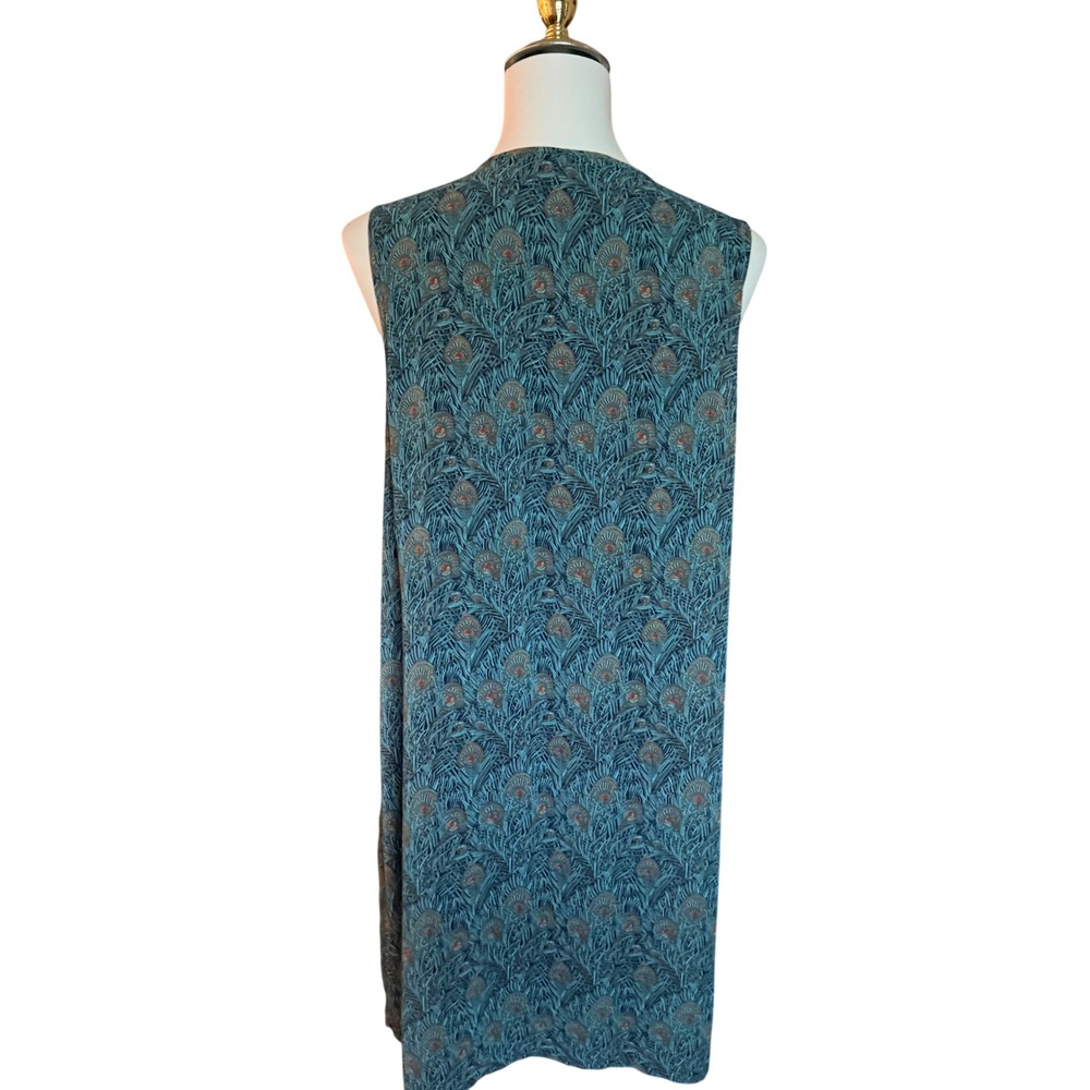 DR2 Womens Peacock Feather Print Sleeveless Pleated Shift Dress Teal‎ Blue L - Picture 2 of 9